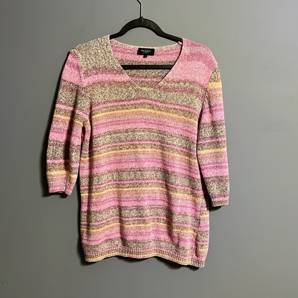 Bexleys women's striped sweater size large three-quarter sleeves V-neck.